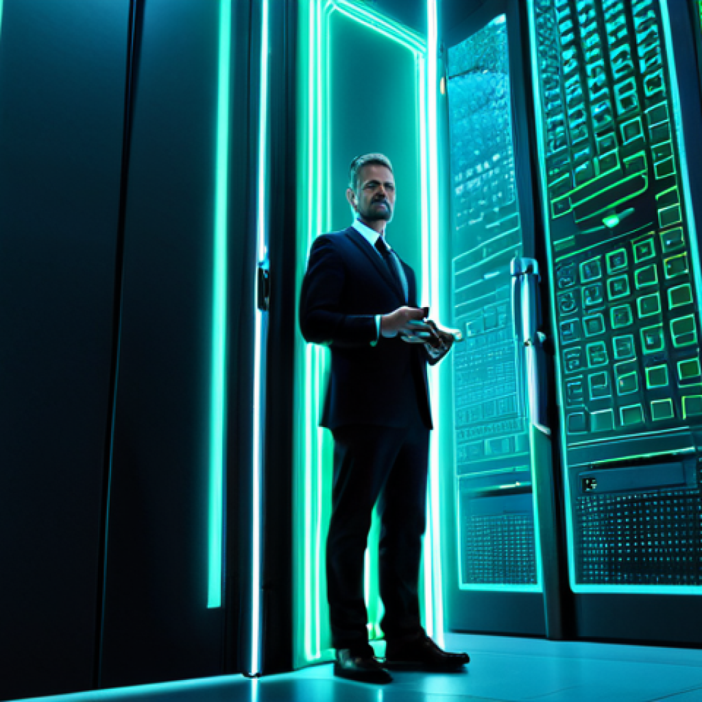 A professional cybersecurity expert, a man in a crisp, dark business suit, fully clothed and in appropriate professional dress, standing confidently in front of a giant, glowing digital vault door within a futuristic, clean server room. The vault door is intricately designed with glowing circuitry and abstract digital patterns, symbolizing encrypted data and valuable digital assets. He holds a single, intricately designed, holographic key, representing an API key, looking directly at the viewer with a serious, focused expression. The scene is bathed in cool blue and green light, emphasizing security and advanced technology. Perfect anatomy, correct proportions, natural pose, well-formed hands, proper finger count, natural body proportions, professional photography, high quality, safe for work, appropriate content, fully clothed, professional, family-friendly.