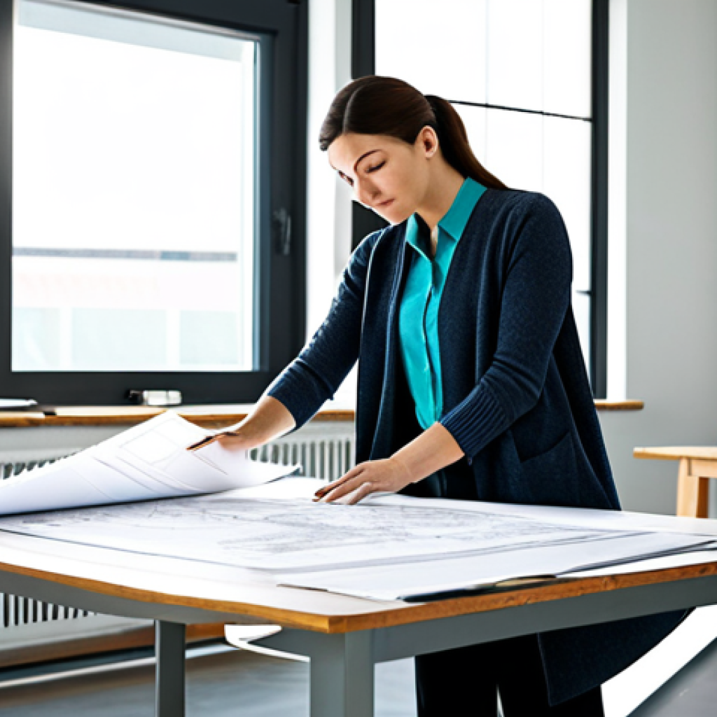 **
"A professional architect, fully clothed in a modest business casual outfit (slacks, blouse, cardigan), reviewing blueprints at a large drafting table in a bright, modern architectural office. Lots of natural light. Perfect anatomy, correct proportions, natural pose, well-formed hands, proper finger count, safe for work, appropriate content, fully clothed, professional, family-friendly, high resolution, detailed textures, realistic rendering."
**