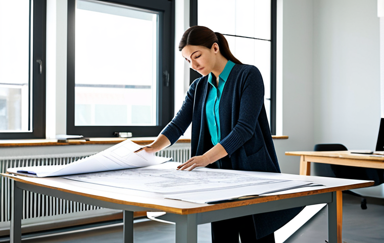 **
"A professional architect, fully clothed in a modest business casual outfit (slacks, blouse, cardigan), reviewing blueprints at a large drafting table in a bright, modern architectural office. Lots of natural light. Perfect anatomy, correct proportions, natural pose, well-formed hands, proper finger count, safe for work, appropriate content, fully clothed, professional, family-friendly, high resolution, detailed textures, realistic rendering."
**