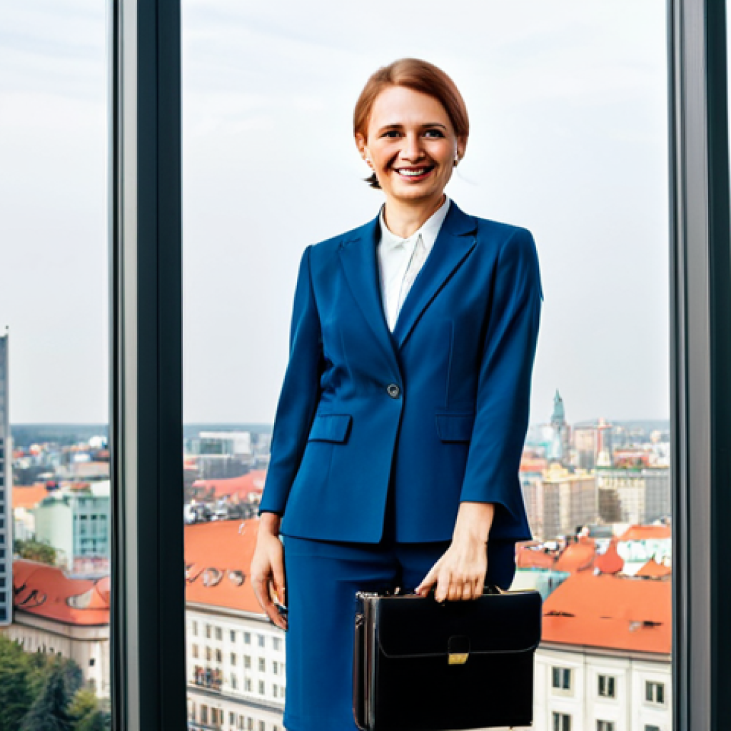 **
"A professional businesswoman in a modest, tailored business suit, standing in a bright, modern office overlooking Warsaw's skyline, fully clothed, appropriate attire, safe for work, perfect anatomy, natural proportions, professional photography, high quality. She is holding a teczka (briefcase) and smiling confidently. The office features a large window with the Pałac Kultury i Nauki (Palace of Culture and Science) visible in the background."
**