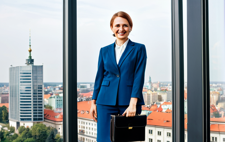 **
"A professional businesswoman in a modest, tailored business suit, standing in a bright, modern office overlooking Warsaw's skyline, fully clothed, appropriate attire, safe for work, perfect anatomy, natural proportions, professional photography, high quality. She is holding a teczka (briefcase) and smiling confidently. The office features a large window with the Pałac Kultury i Nauki (Palace of Culture and Science) visible in the background."
**