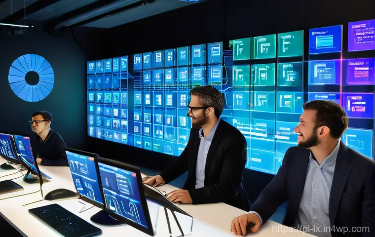 API 설계의 유연성을 위한 아키텍처 - 0" or "update complete" indicators. Skilled, focused engineers, dressed in sleek, modern jumpsuits, ...