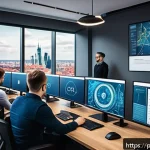Home 21 API 구조의 트렌드와 예측 - A modern tech office setting showcasing a diverse team of software engineers collaborating on micros...