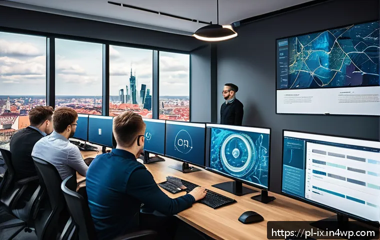 API 구조의 트렌드와 예측 - A modern tech office setting showcasing a diverse team of software engineers collaborating on micros...